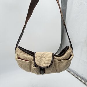 Fred Perry RARE vintage crochet canvas w/ leather trim sandy brown shoulder bag